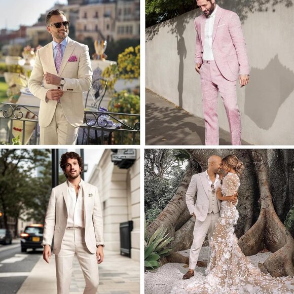 Men's Beige Linen Suit Set - Stylish 2 Piece Tuxedo for Weddings & Parties - Picture 6 of 6